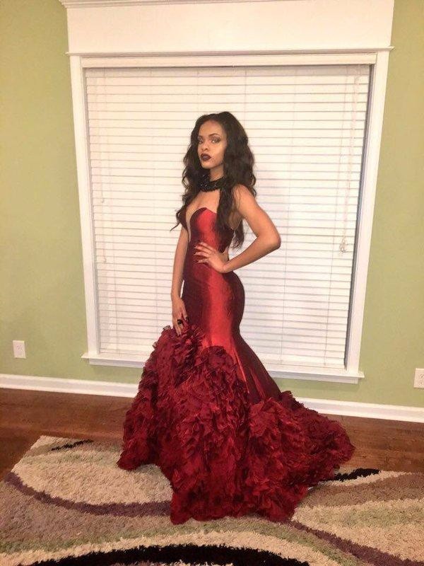 burgundy strapless prom dress