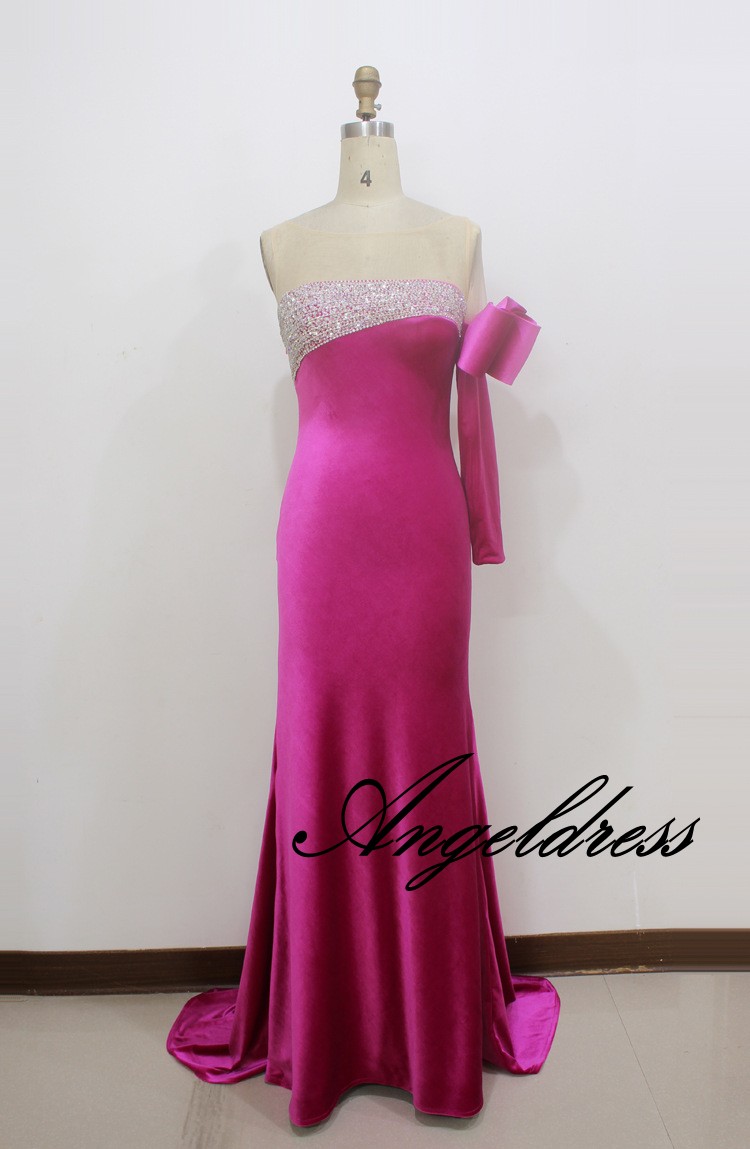 pink velvet prom dress