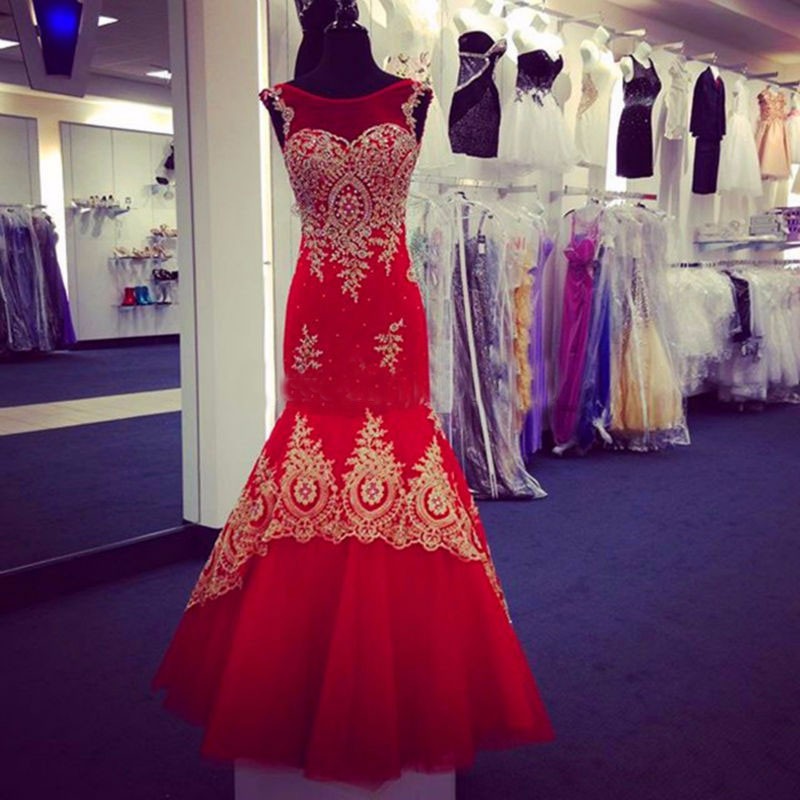 Long Mermaid Evening Dress Formal Dresses Red Prom Dresses With Gold ...