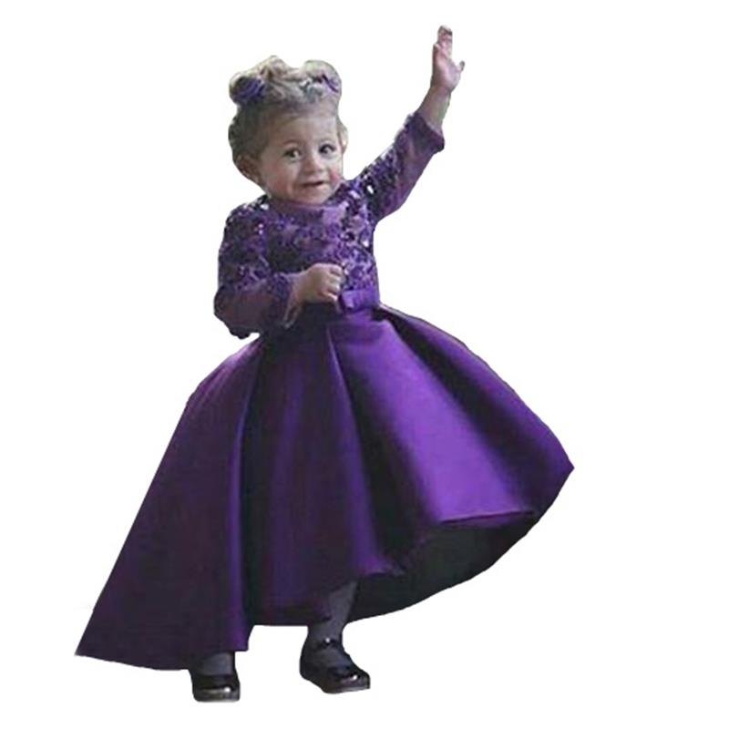 Purple Long Sleeves Flower Girls Dresses Jewel Appliques Beads High Low First Communion Dress Satin Girls Pageant Gowns