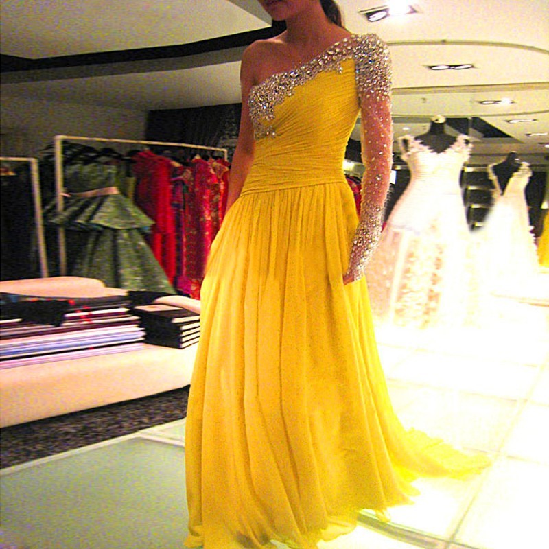 Yellow Elegant One  Shoulder Long Sleeve  Prom  Dresses  