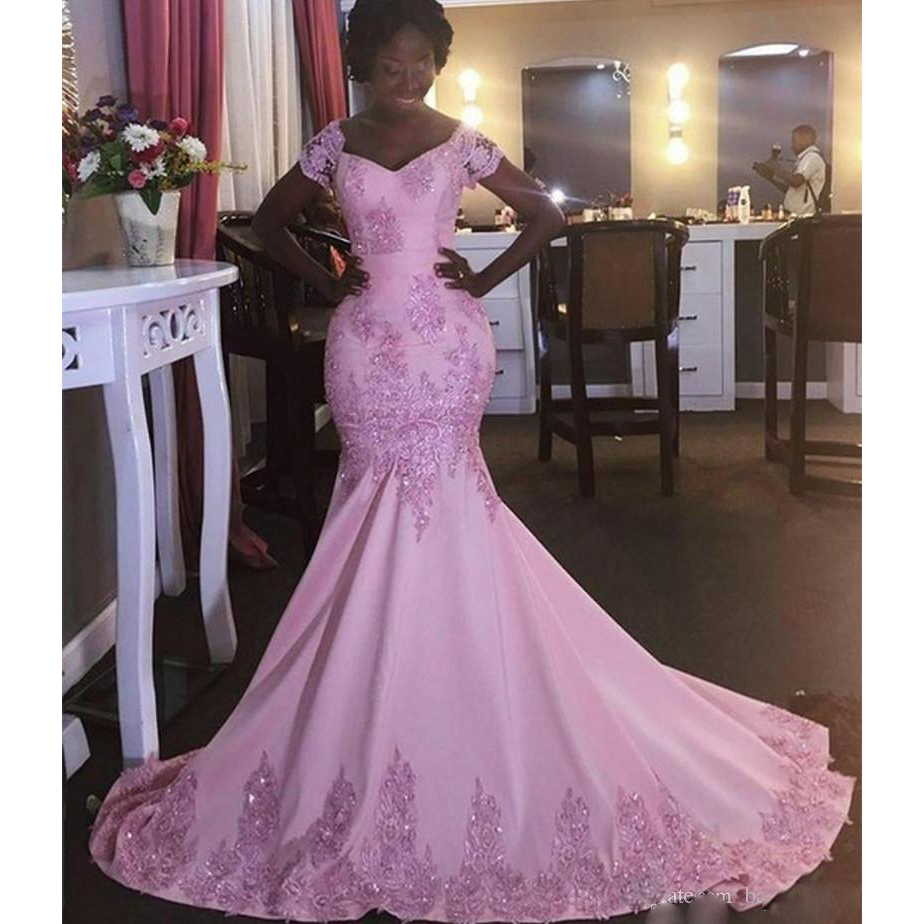 2017 South African Pink Mermaid Prom Dresses Cap Sleeve Lace Appliques Beaded Short Sleeves Court Train Evening Party Gown