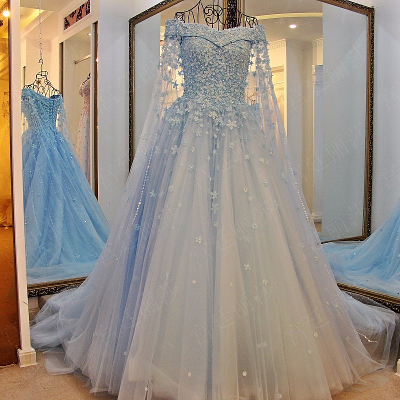 Off The Shoulder Elegant Prom Dresses With Long Train Light Blue Lace ...