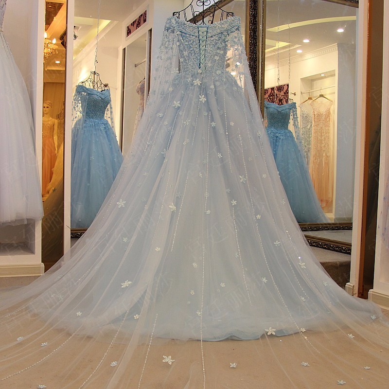 Off The Shoulder Elegant Prom Dresses With Long Train Light Blue Lace ...