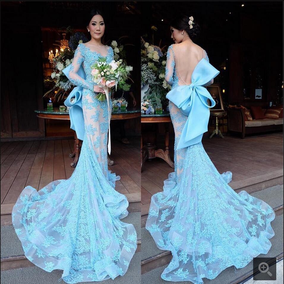 2017 Prom Dresses Mermaid Tulle Lace Appliques Gowns Custom Made Backless Full Long Sleeve Prom Gown Blue Custom Made Prom Gowns With Big Bow