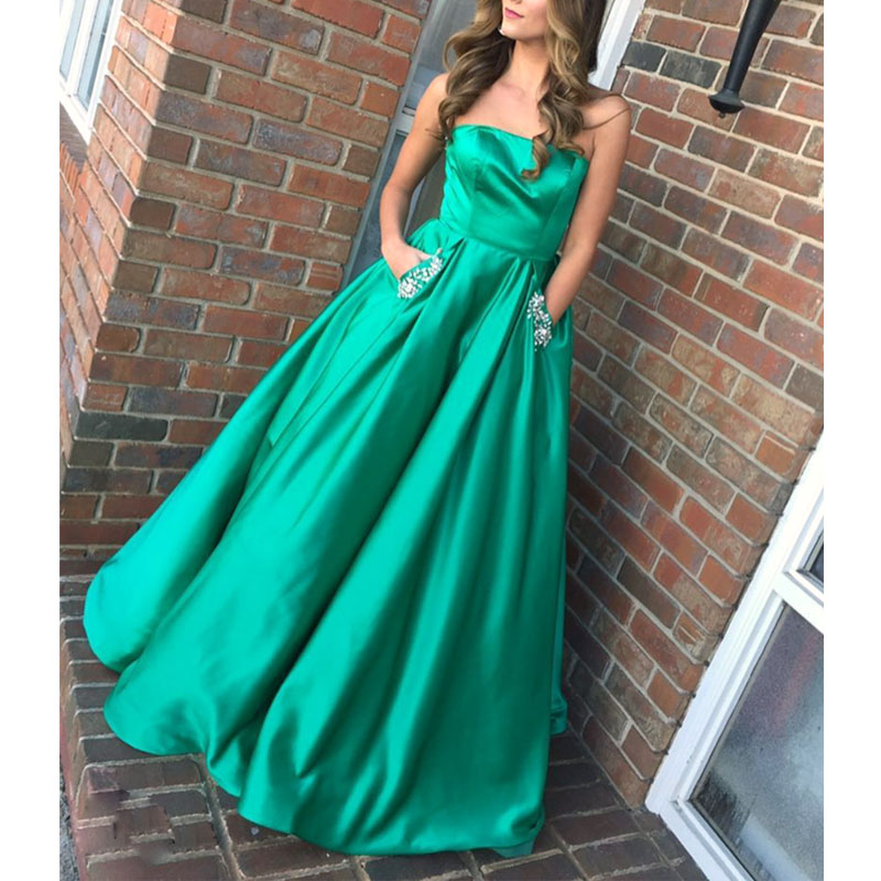 Simple Prom Dresses, Strapless Evening Dresses, Green Color Prom Dress, Off Shoulder Sleeveless Satin Prom Dress,party Dress