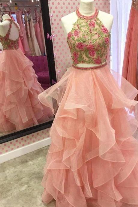 Two Piece Round Neck Tiered Coral Open Back Prom Dress With Appliques