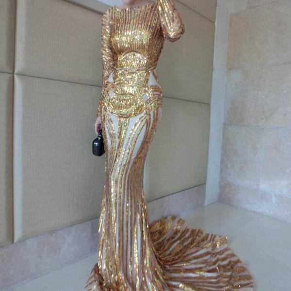 Luxury Gold Mermaid Prom Dresses Long Sleeve Sheer Neck Sequins Court ...