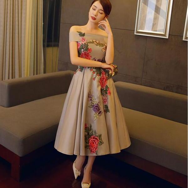 Beige Off Shoulder Floral A-Line Ankle Length Evening Formal Dress