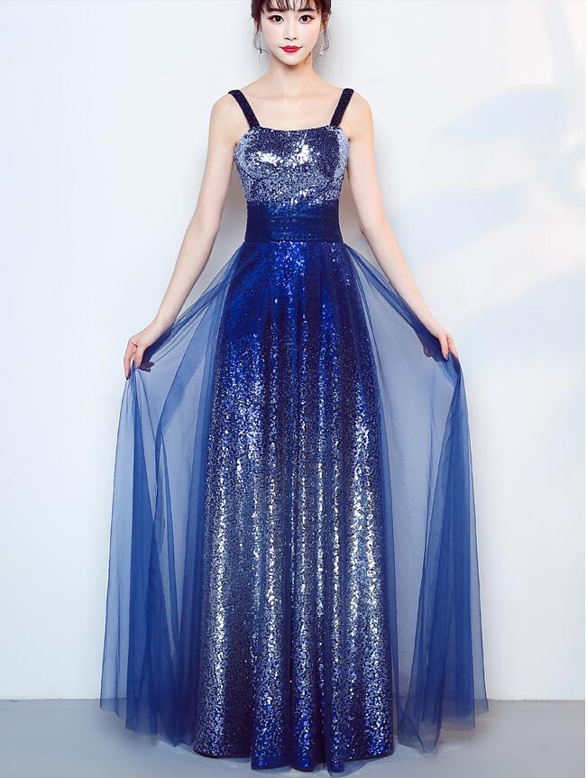 Spaghetti Strap Royal Blue And Silver Sequins Prom Dresses A Line Pleat