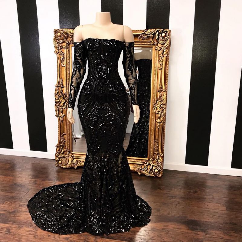 Sexy Black Mermaid Prom Dresses Off The Shoulder Long Sleeves Evening