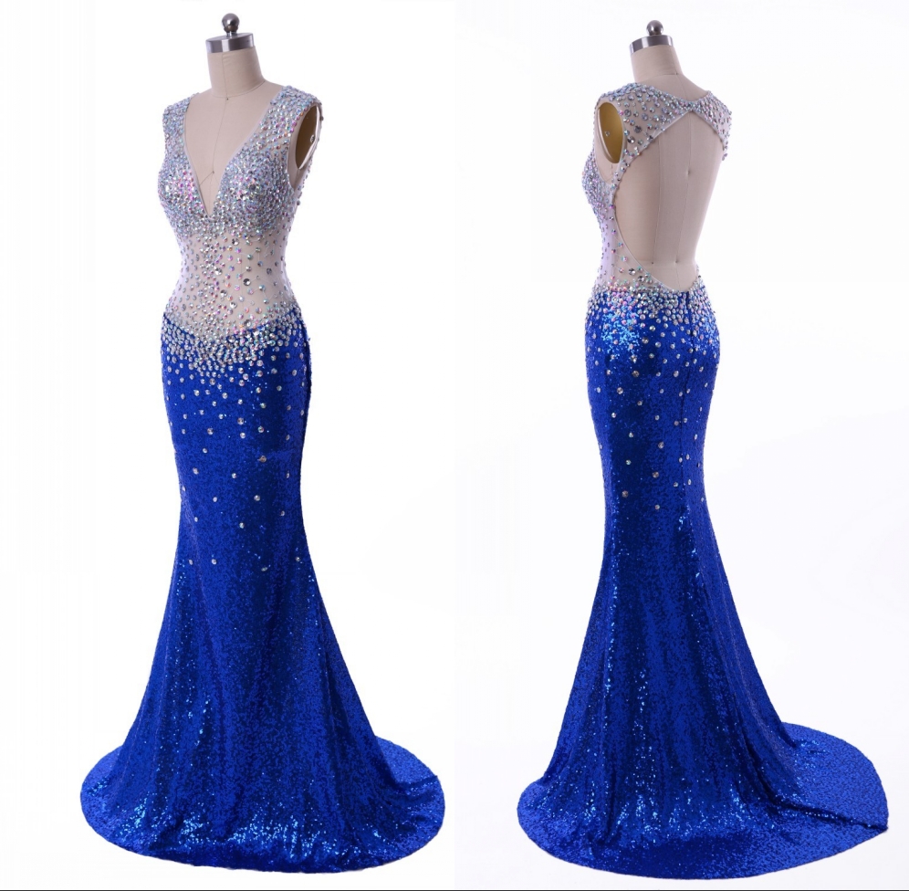 Royal Blue Sexy Mermaid Prom Dresses Sheer V Neck Backless Evening Party Dresses Crystals