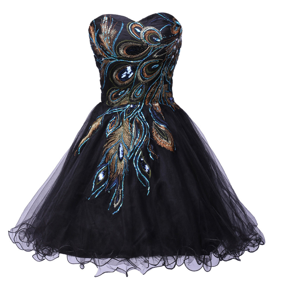 Sexy Tulle Ball Gown Distinctive Embroidery Peacock Pattern Black Party ...