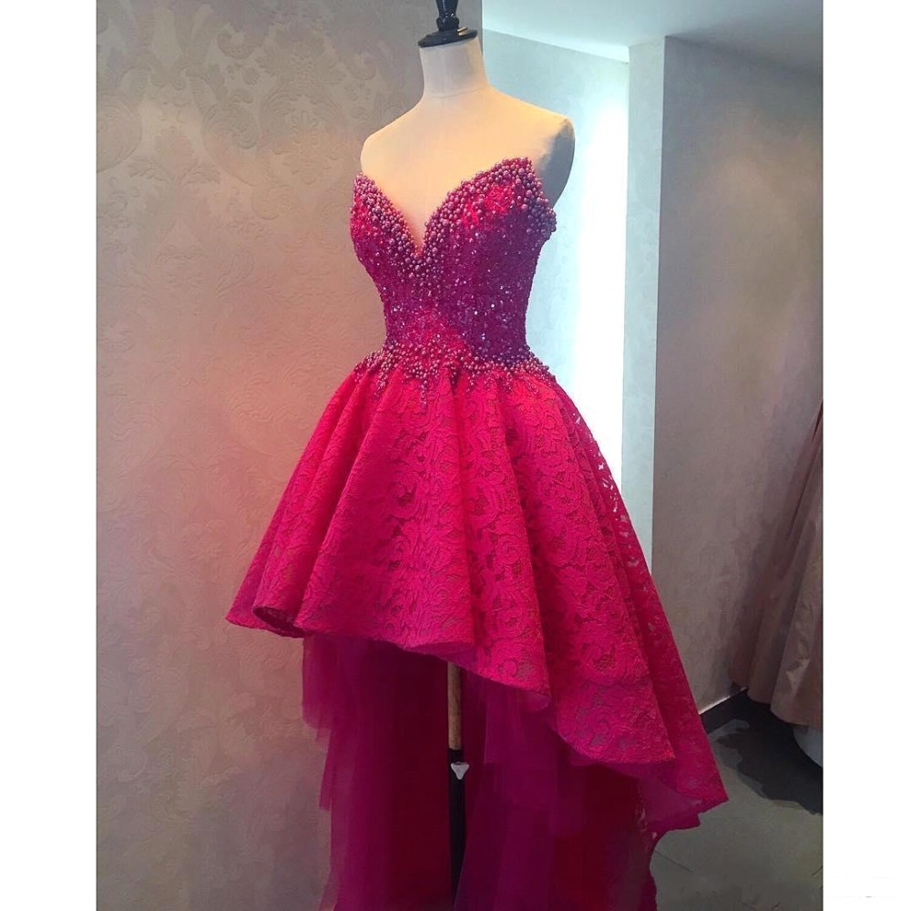 Sexy Beaded Lace Sweetheart High Low Long Prom Dresses Fuchsia Backless Women Formal Party 5932